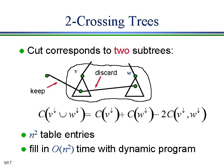 2 -Crossing Trees l Cut corresponds to two subtrees: v discard w keep n