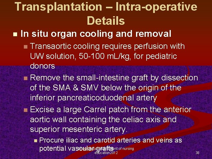 Transplantation – Intra-operative Details n In situ organ cooling and removal Transaortic cooling requires