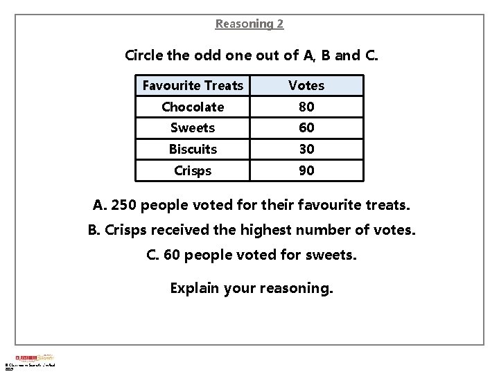 Reasoning 2 Circle the odd one out of A, B and C. Favourite Treats