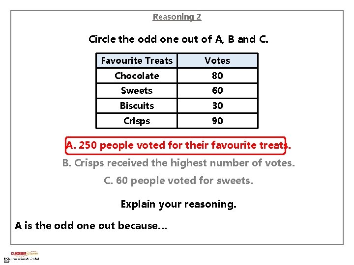 Reasoning 2 Circle the odd one out of A, B and C. Favourite Treats