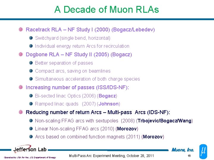 A Decade of Muon RLAs Racetrack RLA – NF Study I (2000) (Bogacz/Lebedev) Switchyard