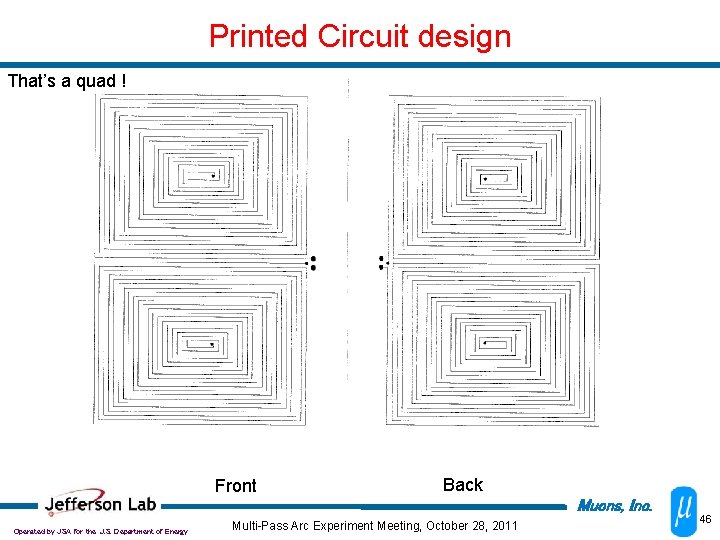 Printed Circuit design That’s a quad ! Front Back Muons, Inc. Operated by JSA