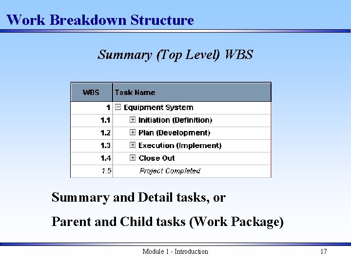 Work Breakdown Structure Summary (Top Level) WBS Summary and Detail tasks, or Parent and