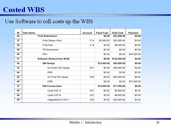 Costed WBS Use Software to roll costs up the WBS Module 1 - Introduction