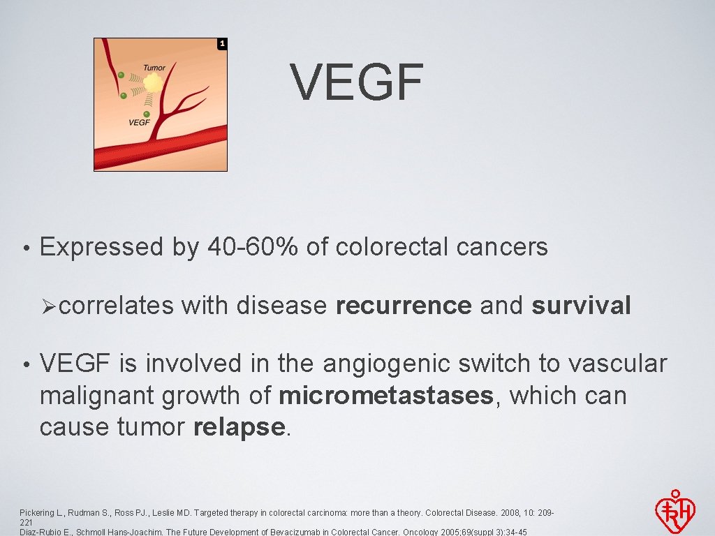 VEGF • Expressed by 40 -60% of colorectal cancers Øcorrelates • with disease recurrence