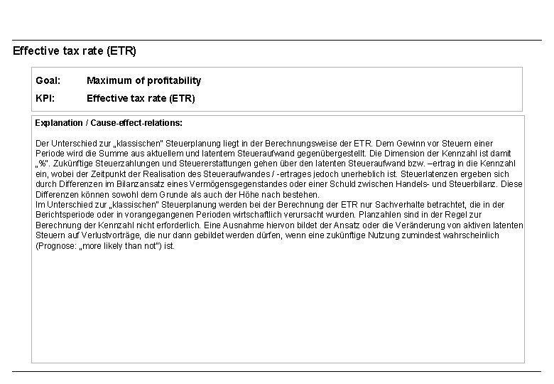 Effective tax rate (ETR) Goal: Maximum of profitability KPI: Effective tax rate (ETR) Explanation Effective tax rate (ETR) Goal: Maximum of profitability KPI: Effective tax rate (ETR) Explanation