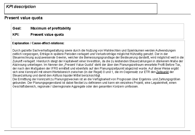 KPI description Present value quota Goal: Maximum of profitability KPI: Present value quota Explanation KPI description Present value quota Goal: Maximum of profitability KPI: Present value quota Explanation
