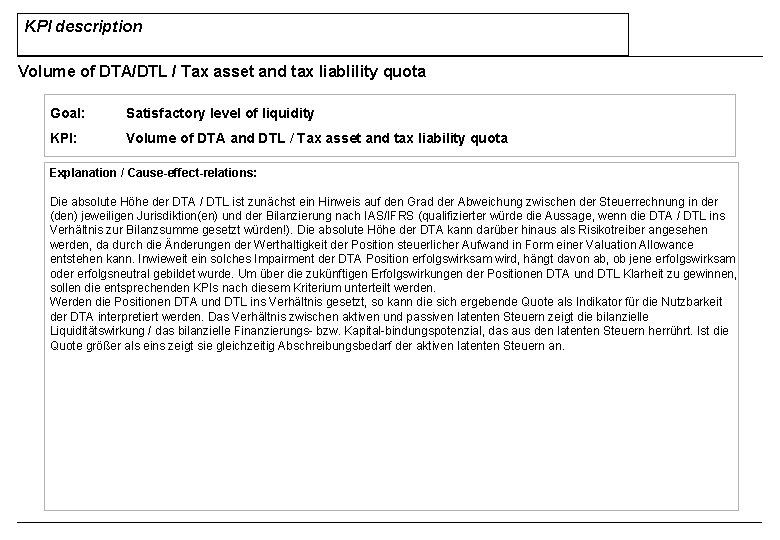 KPI description Volume of DTA/DTL / Tax asset and tax liablility quota Goal: Satisfactory
