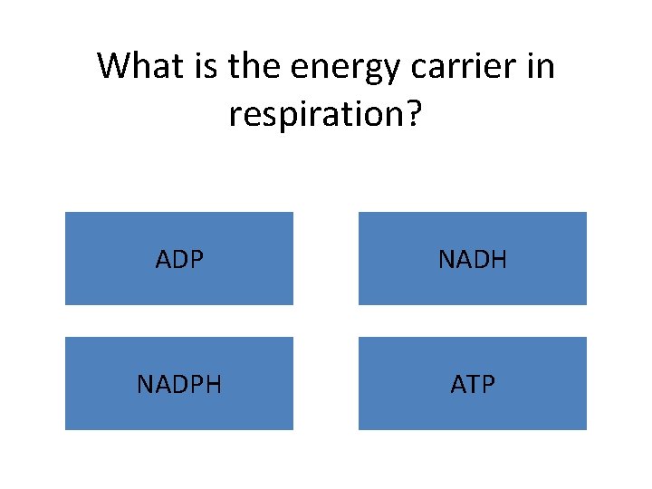 What is the energy carrier in respiration? ADP NADH NADPH ATP 