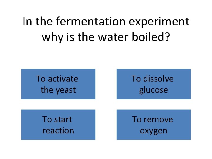 In the fermentation experiment why is the water boiled? To activate the yeast To