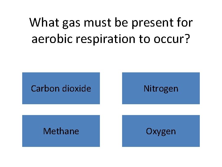 What gas must be present for aerobic respiration to occur? Carbon dioxide Nitrogen Methane