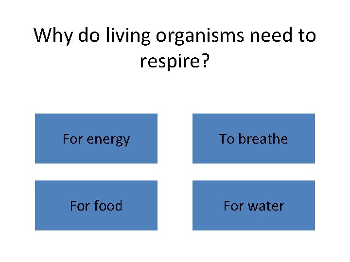 Why do living organisms need to respire? For energy To breathe For food For Why do living organisms need to respire? For energy To breathe For food For