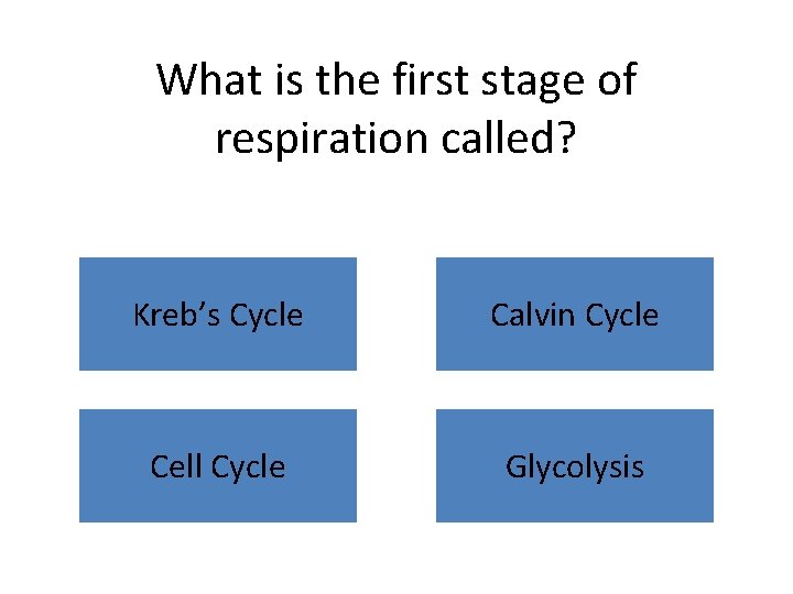 What is the first stage of respiration called? Kreb’s Cycle Calvin Cycle Cell Cycle What is the first stage of respiration called? Kreb’s Cycle Calvin Cycle Cell Cycle