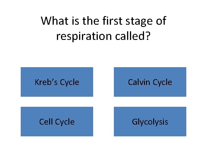 What is the first stage of respiration called? Kreb’s Cycle Calvin Cycle Cell Cycle