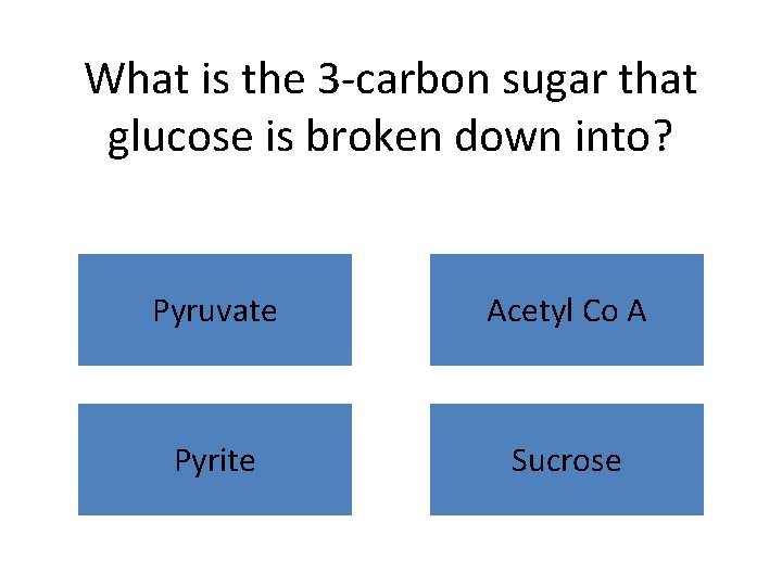 What is the 3 -carbon sugar that glucose is broken down into? Pyruvate Acetyl What is the 3 -carbon sugar that glucose is broken down into? Pyruvate Acetyl