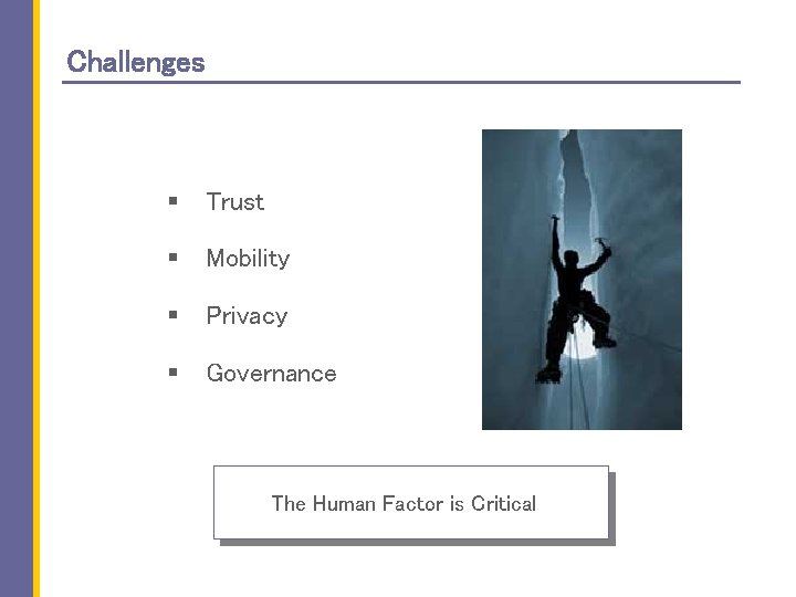 Challenges § Trust § Mobility § Privacy § Governance The Human Factor is Critical