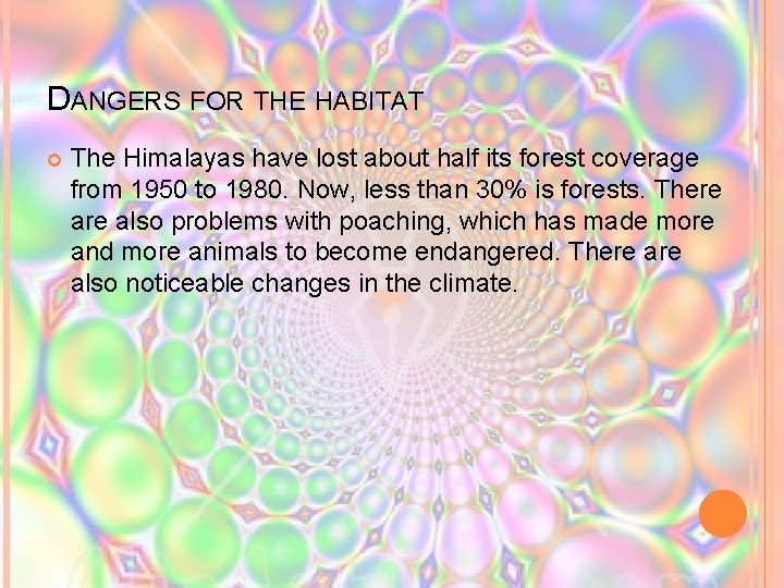 DANGERS FOR THE HABITAT The Himalayas have lost about half its forest coverage from