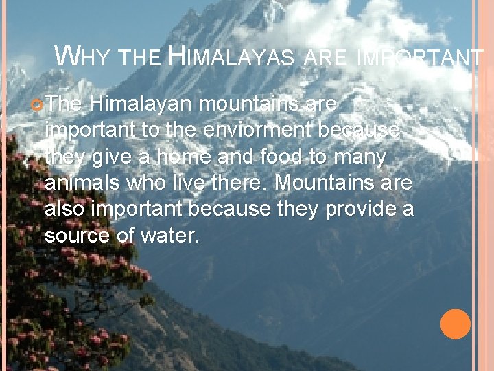 WHY THE HIMALAYAS ARE IMPORTANT The Himalayan mountains are important to the enviorment because