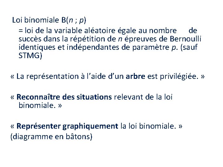  Loi binomiale B(n ; p) = loi de la variable aléatoire égale au