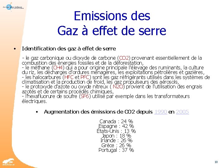 Emissions des Gaz à effet de serre • Identification des gaz à effet de