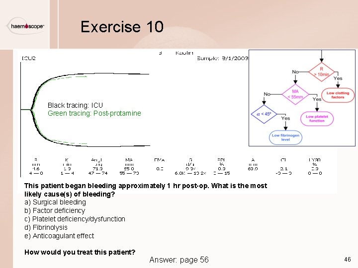 Exercise 10 Black tracing: ICU Green tracing: Post-protamine This patient began bleeding approximately 1