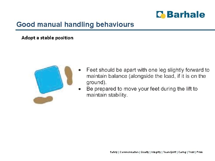 Good manual handling behaviours Adopt a stable position Safety | Communication | Quality |