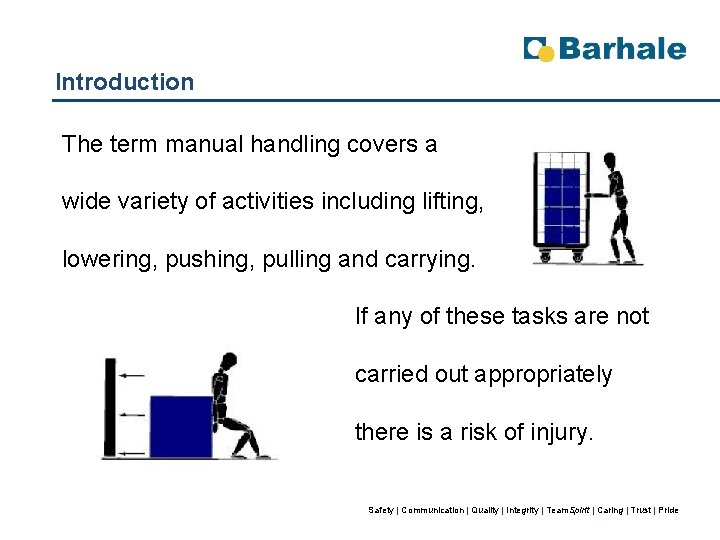 Introduction The term manual handling covers a wide variety of activities including lifting, lowering,