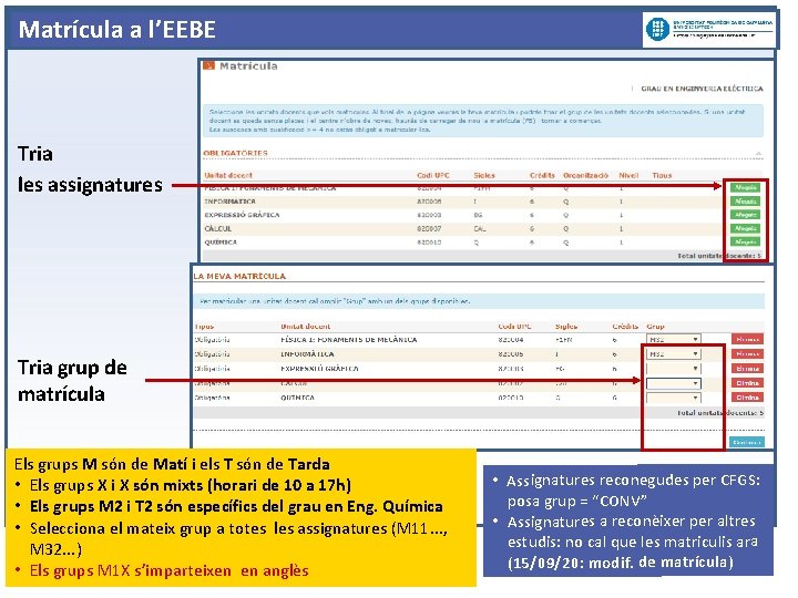 Matrícula a l’EEBE Tria les assignatures Tria grup de matrícula Els grups M són