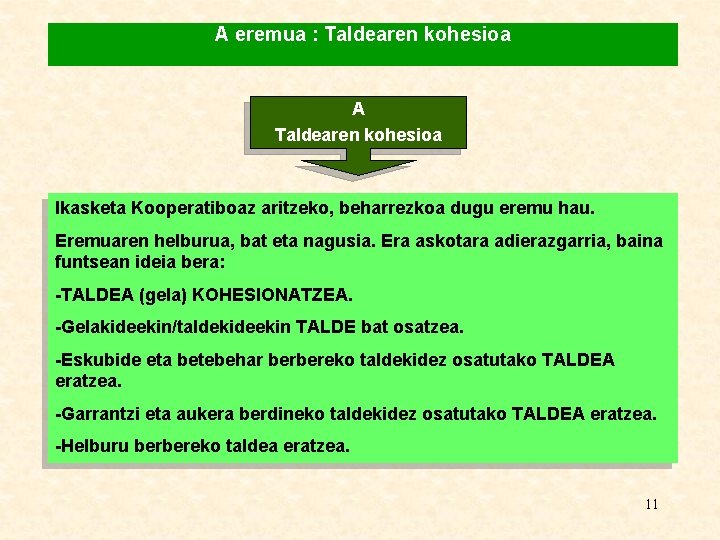 A eremua : Taldearen kohesioa A Taldearen kohesioa Ikasketa Kooperatiboaz aritzeko, beharrezkoa dugu eremu