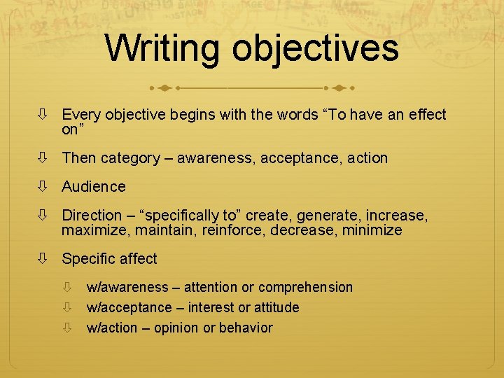 Writing objectives Every objective begins with the words “To have an effect on” Then