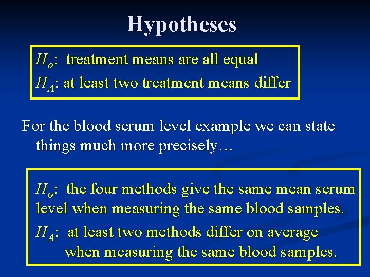 Hypotheses Ho: treatment means are all equal HA: at least two treatment means differ