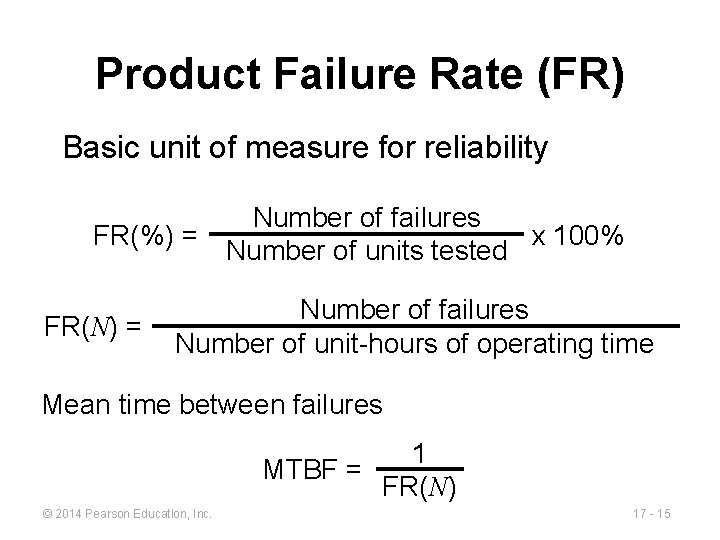Product Failure Rate (FR) Basic unit of measure for reliability FR(%) = FR(N) =
