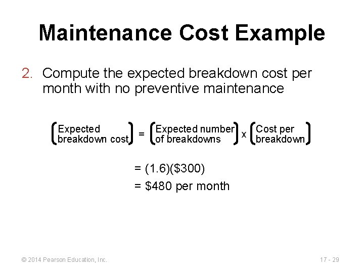 Maintenance Cost Example 2. Compute the expected breakdown cost per month with no preventive
