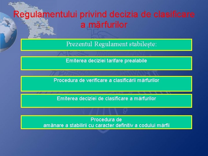 Regulamentului privind decizia de clasificare a mărfurilor Prezentul Regulament stabilește: Emiterea deciziei tarifare prealabile