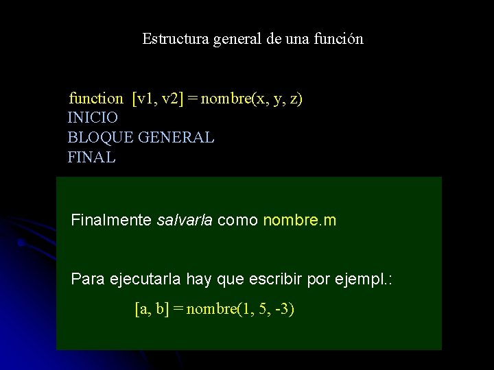 Estructura general de una función function [v 1, v 2] = nombre(x, y, z)