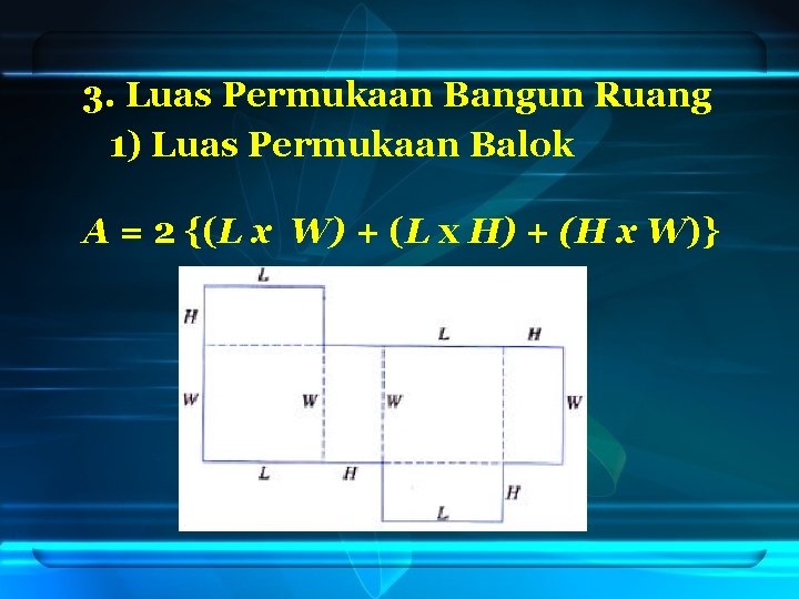 3. Luas Permukaan Bangun Ruang 1) Luas Permukaan Balok A = 2 {(L x