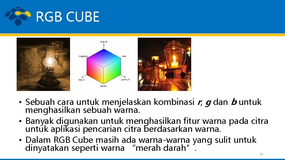 RGB CUBE • Sebuah cara untuk menjelaskan kombinasi r, g dan b untuk menghasilkan