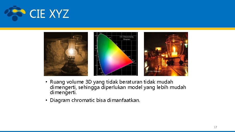 CIE XYZ • Ruang volume 3 D yang tidak beraturan tidak mudah dimengerti, sehingga