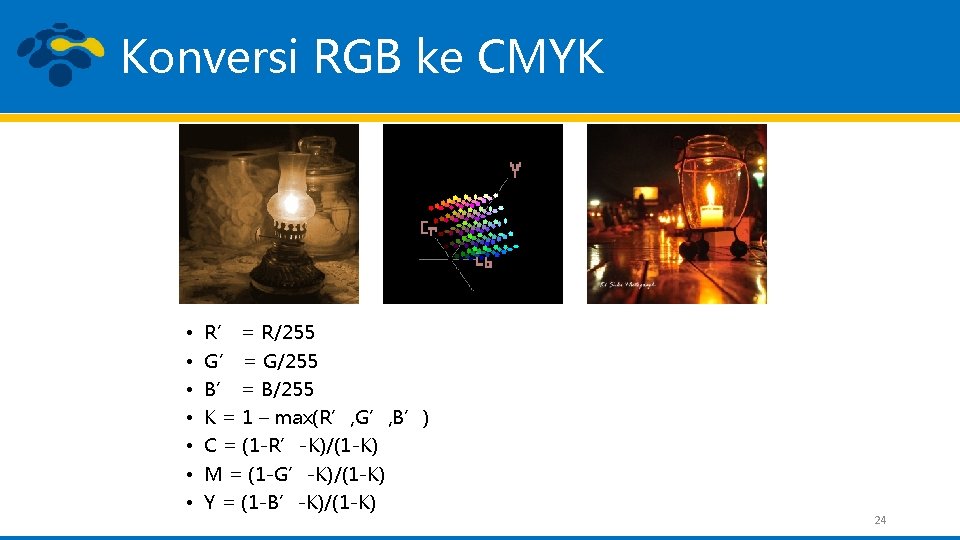 Konversi RGB ke CMYK • • R’ = R/255 G’ = G/255 B’ =