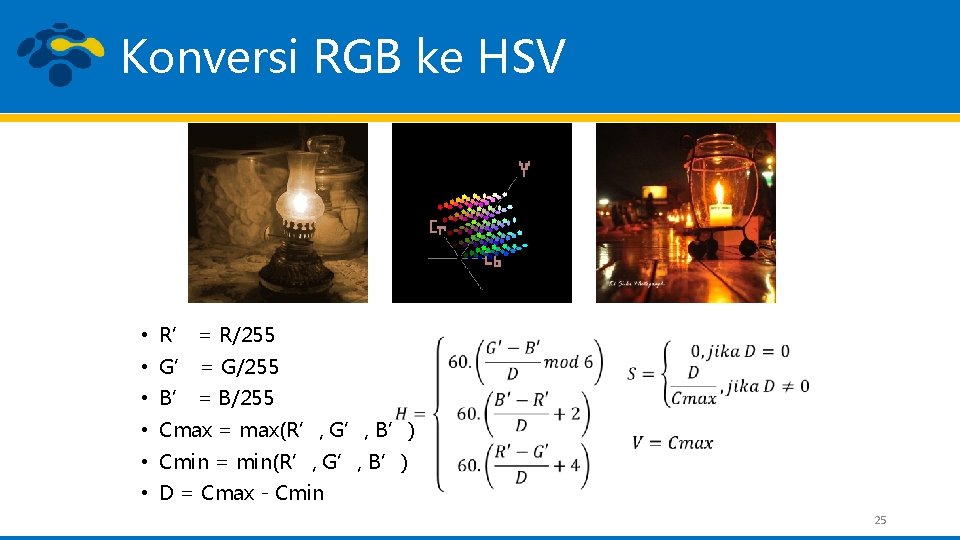 Konversi RGB ke HSV • R’ = R/255 • G’ = G/255 • B’