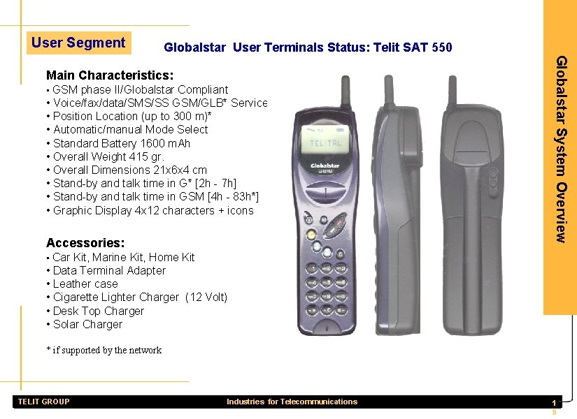 User Segment Globalstar User Terminals Status: Telit SAT 550 • GSM phase II/Globalstar Compliant