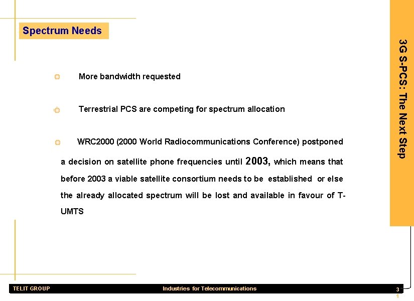 Spectrum Needs Terrestrial PCS are competing for spectrum allocation WRC 2000 (2000 World Radiocommunications