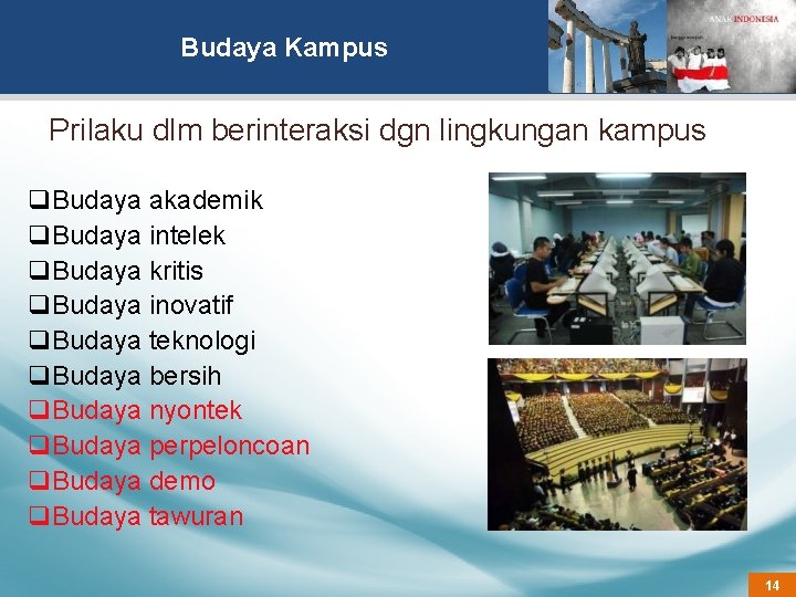 Budaya Kampus Prilaku dlm berinteraksi dgn lingkungan kampus q. Budaya akademik q. Budaya intelek