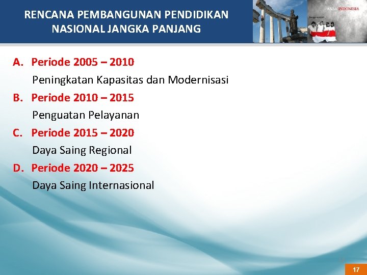 RENCANA PEMBANGUNAN PENDIDIKAN NASIONAL JANGKA PANJANG A. Periode 2005 – 2010 Peningkatan Kapasitas dan