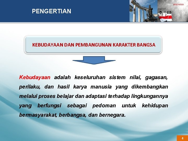 PENGERTIAN KEBUDAYAAN DAN PEMBANGUNAN KARAKTER BANGSA Kebudayaan adalah keseluruhan sistem nilai, gagasan, perilaku, dan