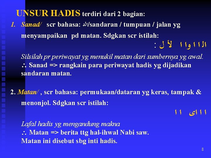  UNSUR HADIS terdiri dari 2 bagian: 1. Sanad/ scr bahasa: ﺍﻟﺩ /sandaran /