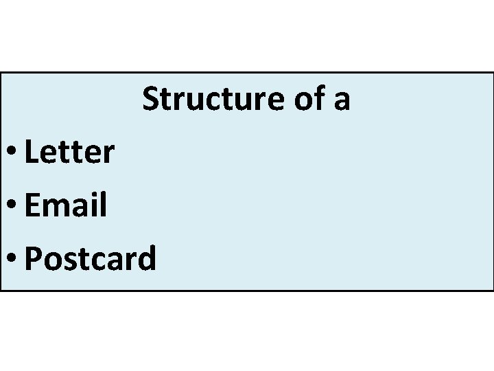 Structure of a • Letter • Email • Postcard 