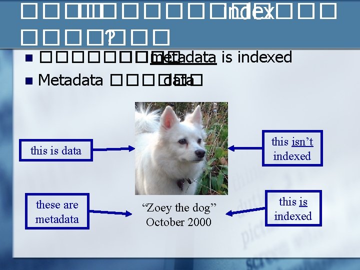 ������ index ������� ? ����� ��� metadata is indexed n Metadata ������ data n