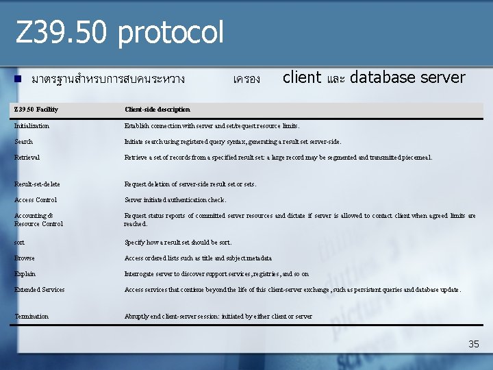 Z 39. 50 protocol n มาตรฐานสำหรบการสบคนระหวาง เครอง client และ database server Z 39. 50