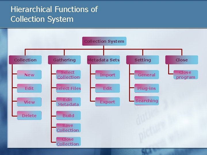 Hierarchical Functions of Collection System Collection Gathering Metadata Sets Setting New Select Collection Import